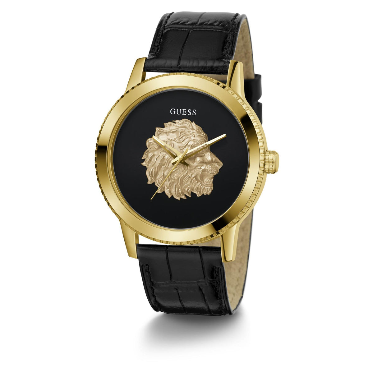 Men’s gold-tone watch with black dial, gold lion motif, crown detail, and black leather strap