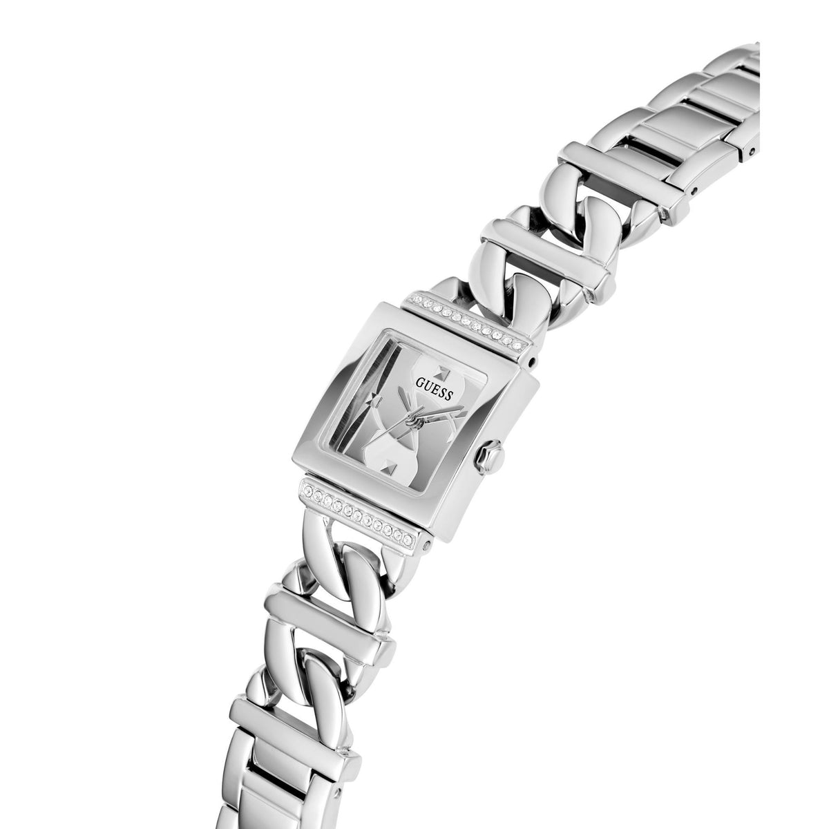 Angled view of silver rectangular ladies wristwatch with rhinestone bezel and stainless steel bracelet