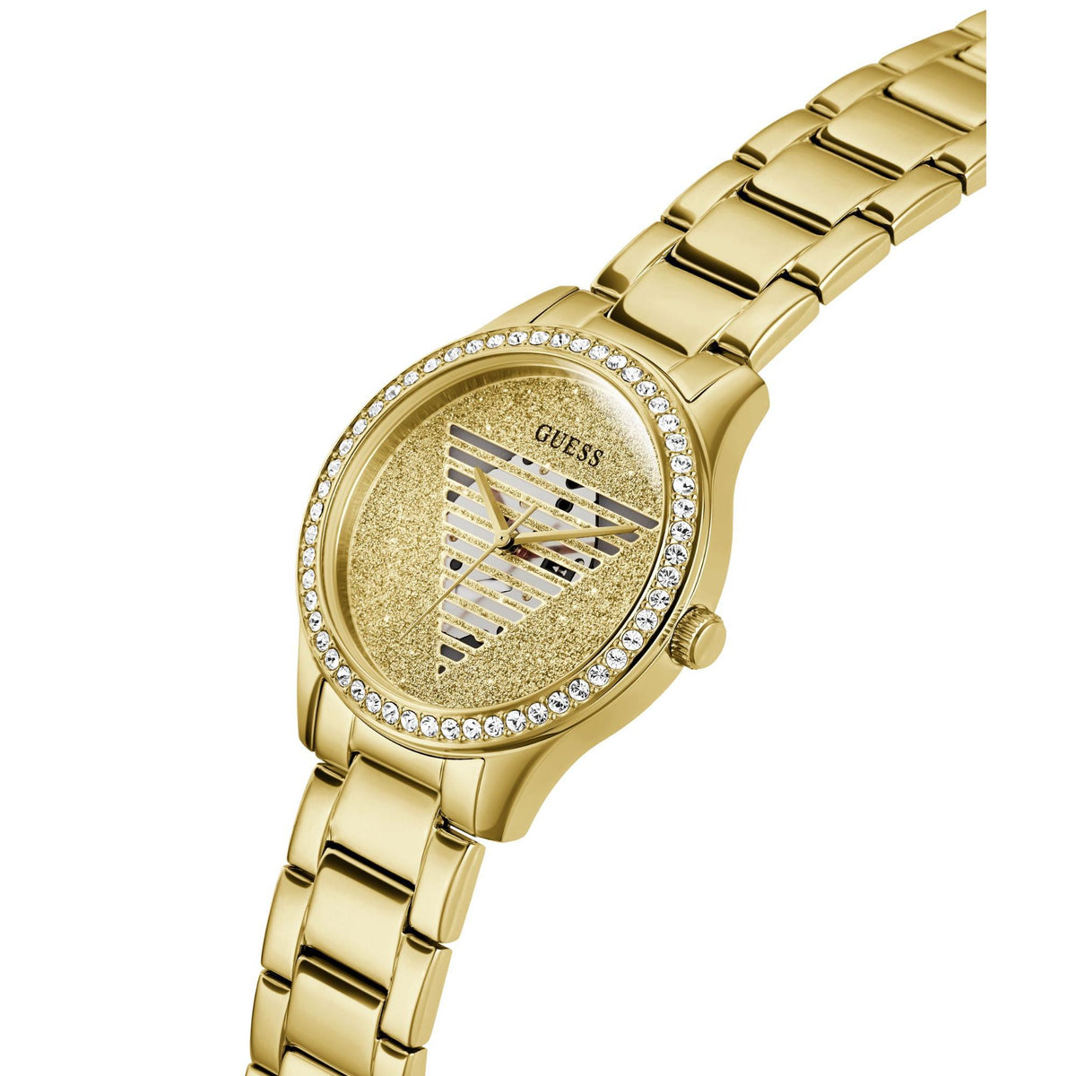 Gold tone analog ladies watch with champagne dial and rhinestone bezel on steel bracelet strap