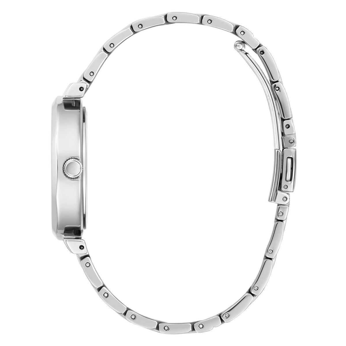 Silver-tone round watch case back and linked bracelet with clasp, no dial visible