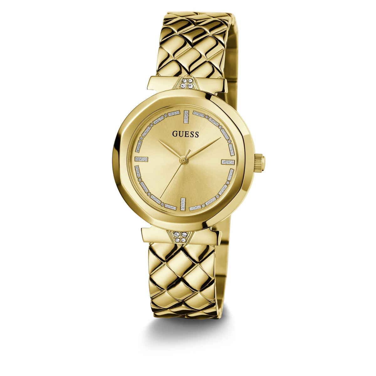 Gold-tone women's quartz wrist watch with textured link bracelet and gold dial.