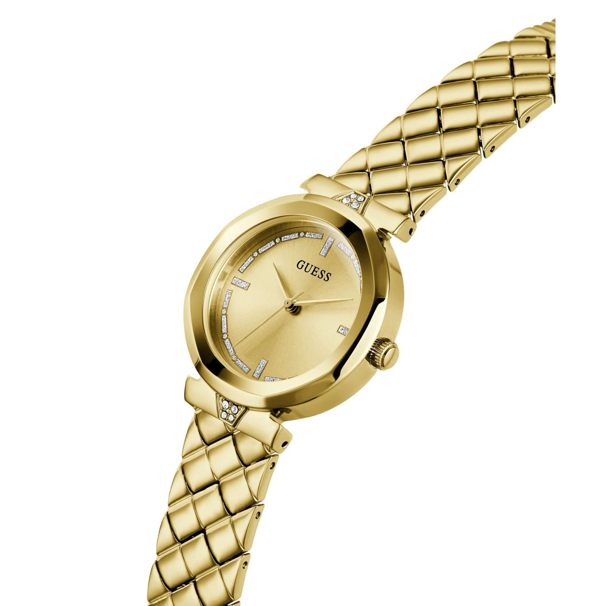 Gold-tone women's quartz wrist watch with textured bracelet and gold dial, angled view.