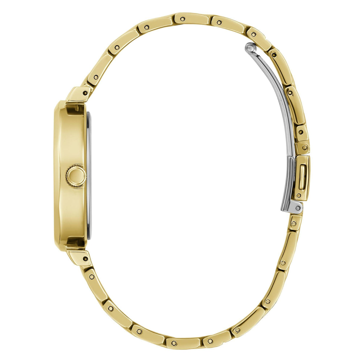 Gold-tone watch case and textured link bracelet, side profile view.