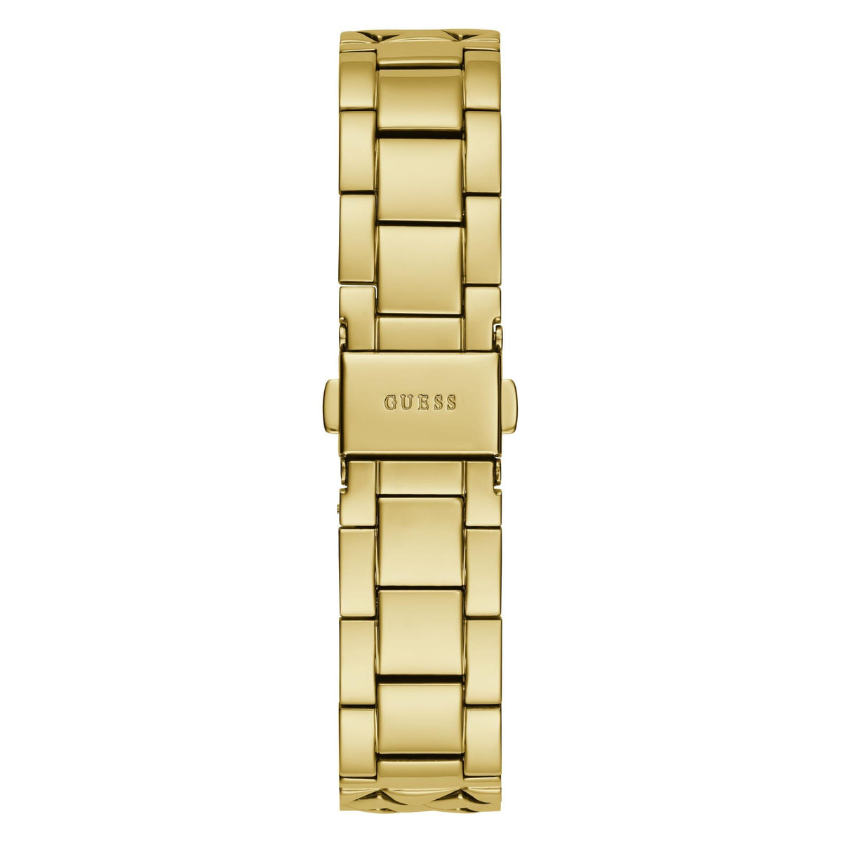 Gold-tone metal watch bracelet with clasp and GUESS engraving.