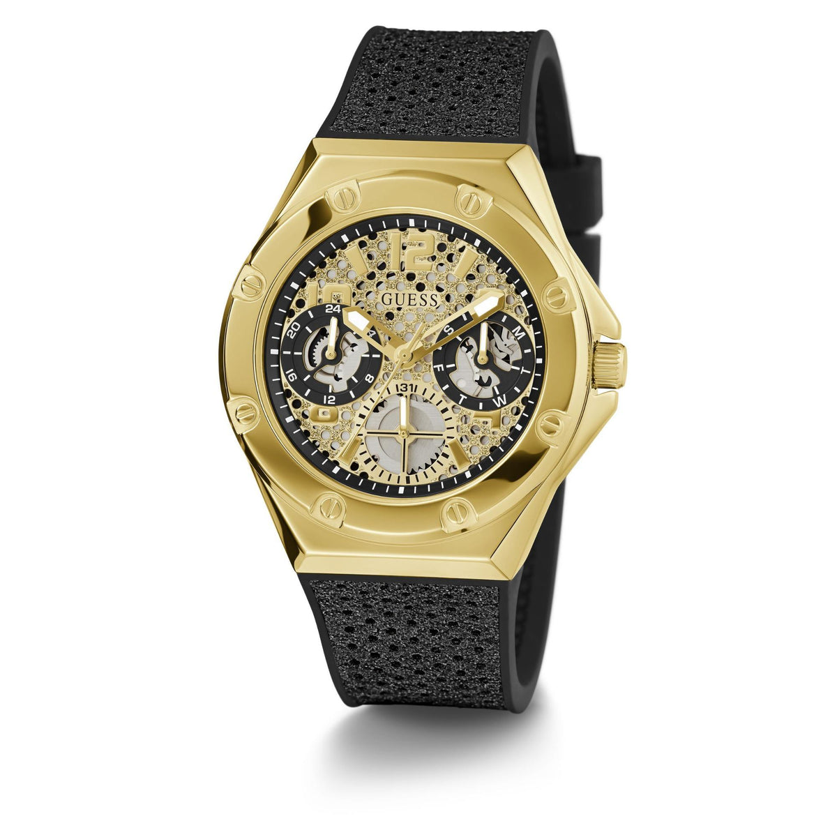 Gold-tone ladies watch with crystal-embellished dial and black textured silicone strap