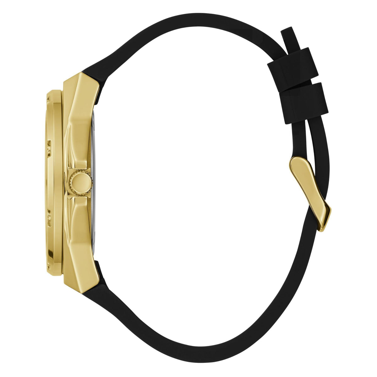 Gold-tone watch case with black silicone band and buckle, side view