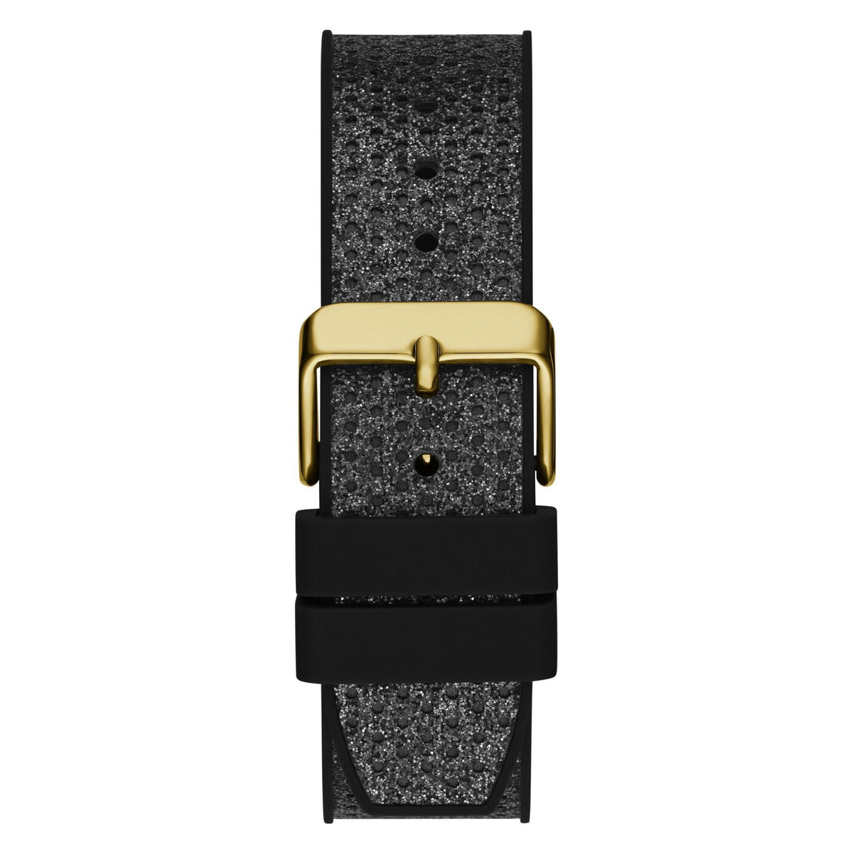 Black textured silicone watch strap with gold-tone buckle and case front