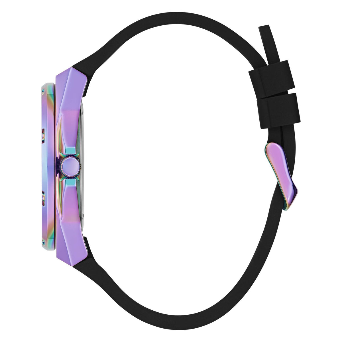 Iridescent watch case and black rubber strap with buckle, side view