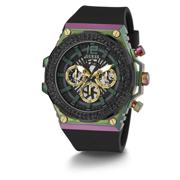 Men's sporty wristwatch with black dial, gold details, rainbow case accents, black strap