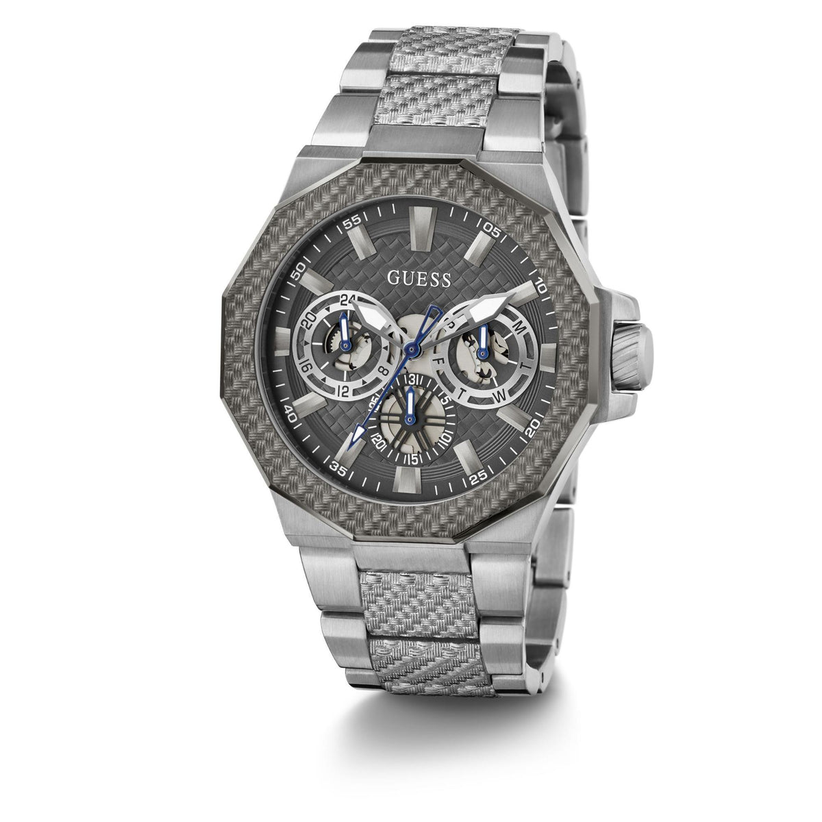 Men's grey dial multi-function watch with silver-tone steel bracelet and octagonal case