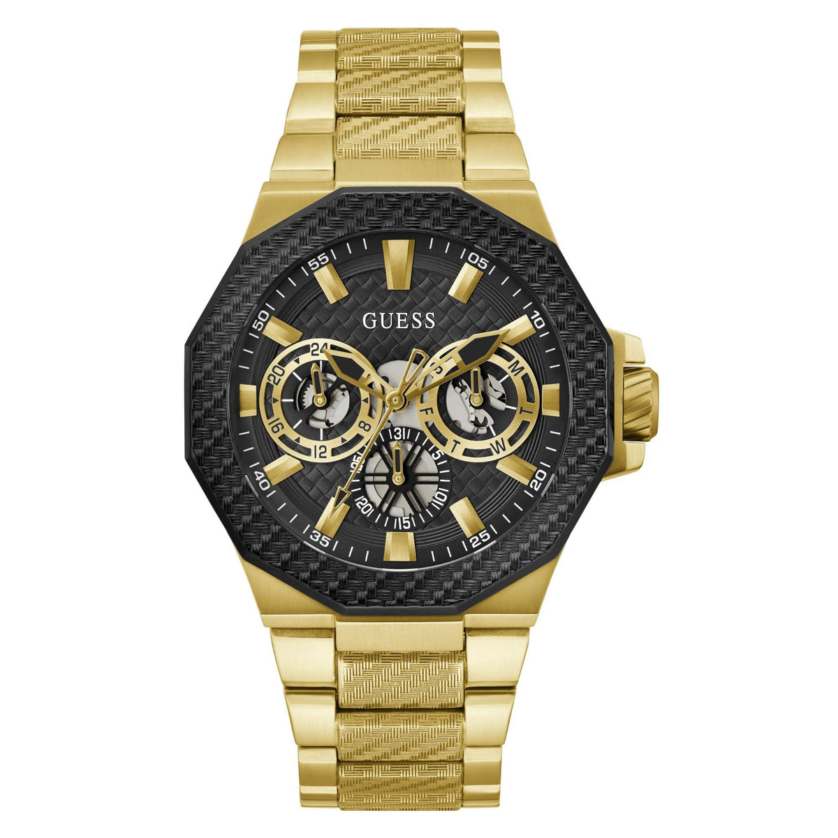 Two-tone men’s wristwatch with black dial, gold-tone bezel, three subdials, link bracelet.