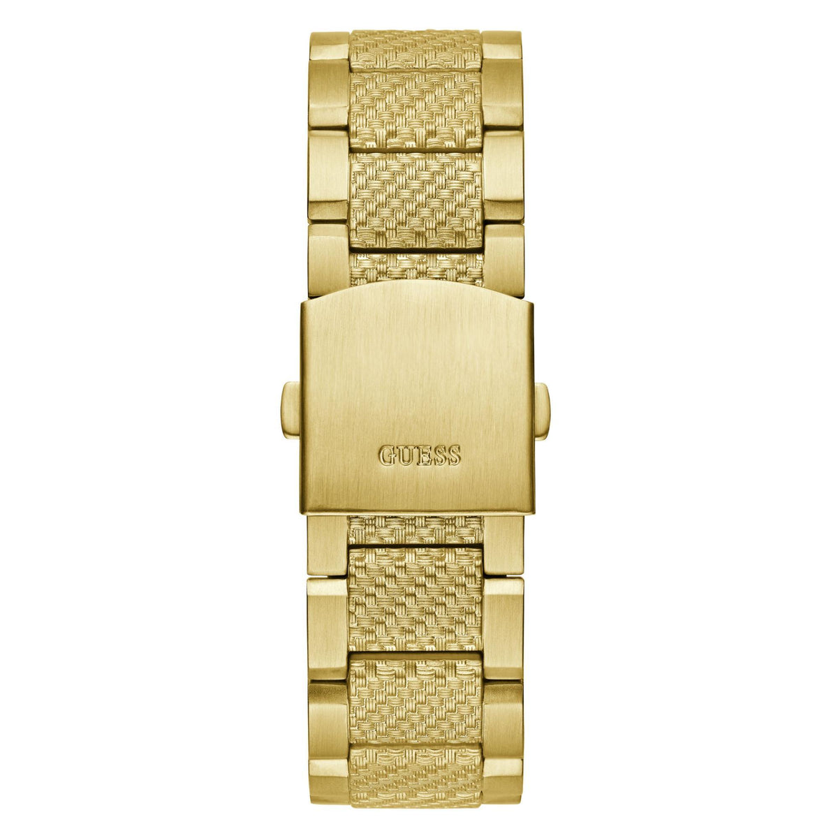 Two-tone men’s wristwatch back view with solid gold-tone case and textured link bracelet.