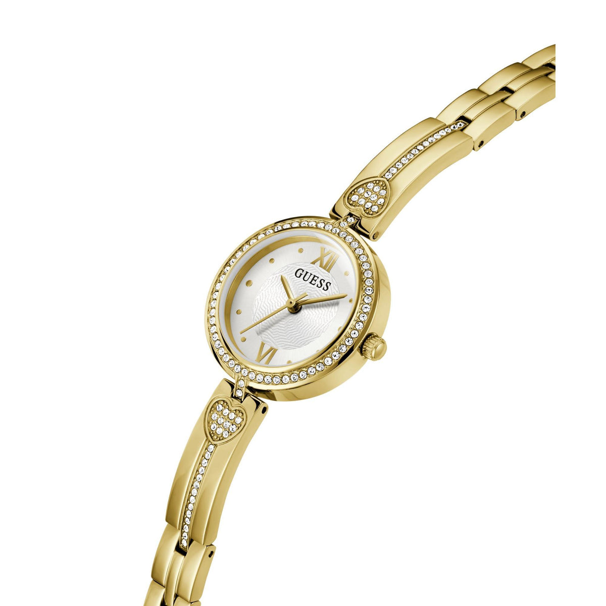 Ladies gold tone analog watch, white dial, crystal bezel and heart-shaped accents