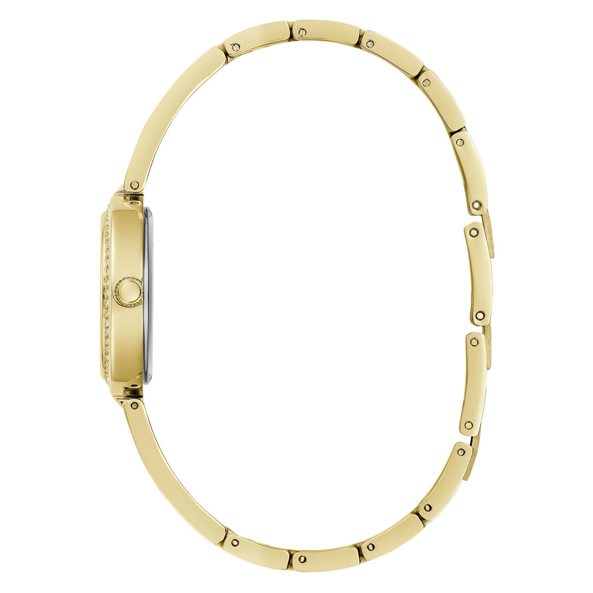 Ladies gold tone analog watch bracelet, linked metal band with clasp and end links