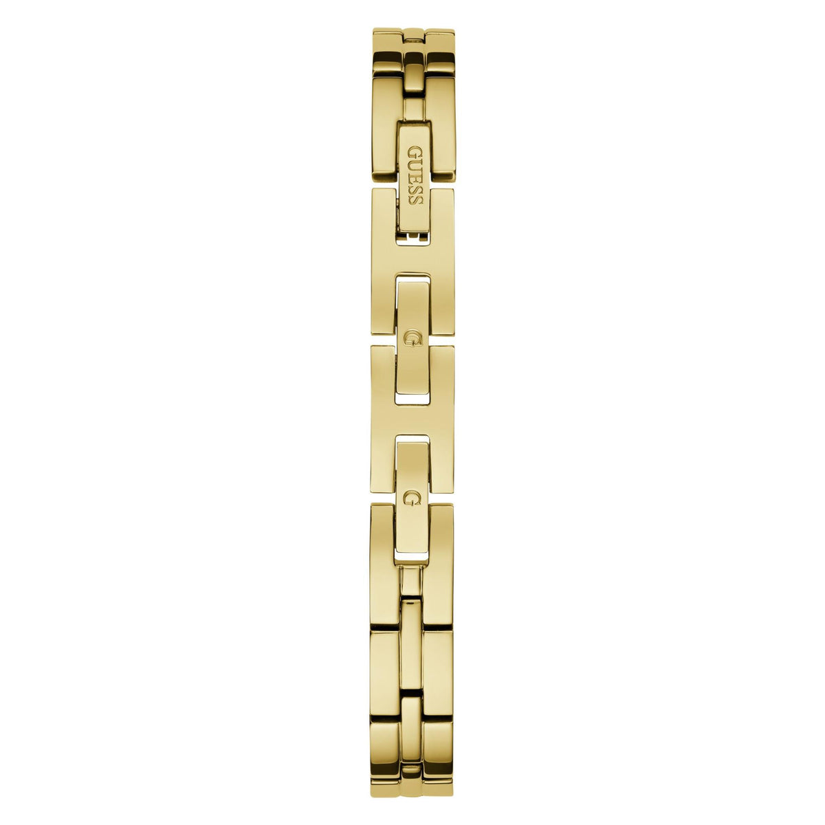 Ladies gold tone analog watch metal bracelet detail, hinge links and clasp area