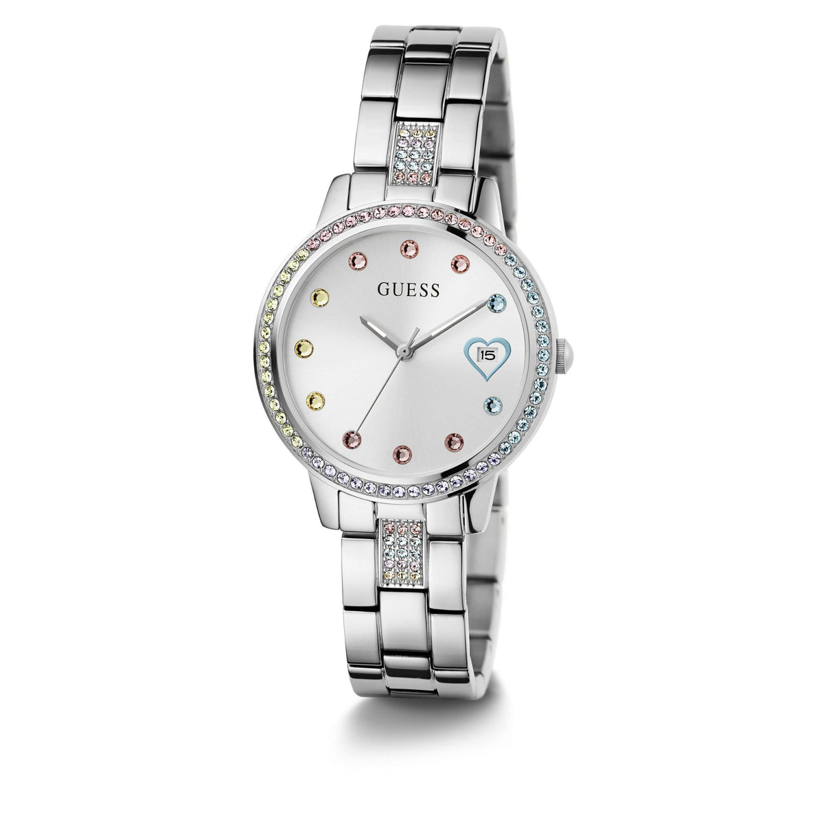 Ladies silver quartz watch with crystal bezel, multi-color heart dial, steel bracelet