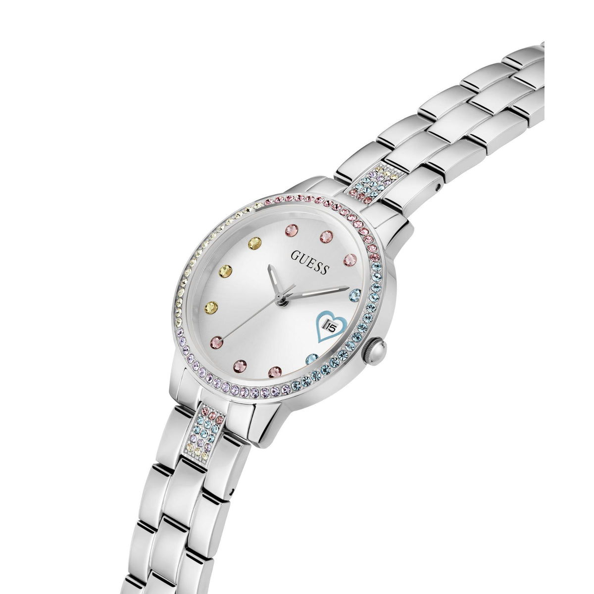 Ladies oval silver-tone watch with heart-themed crystal dial and link steel bracelet