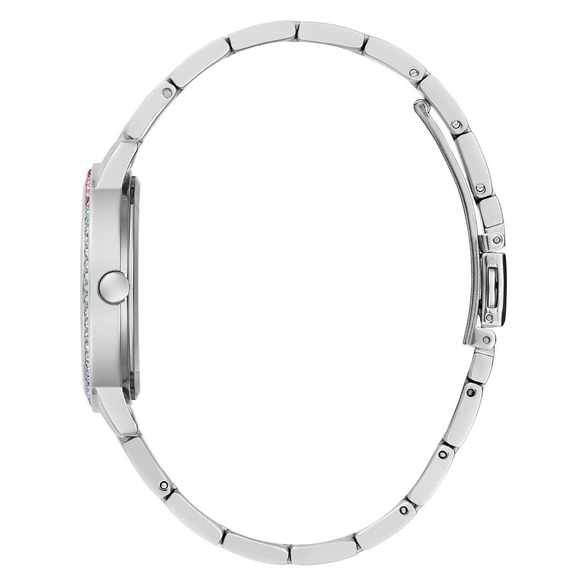 Silver-tone stainless-steel watch with side profile links and jeweled bezel edge