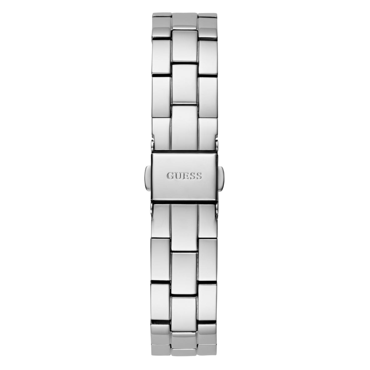 Silver-tone steel watch bracelet with foldover clasp and GUESS logo on case back