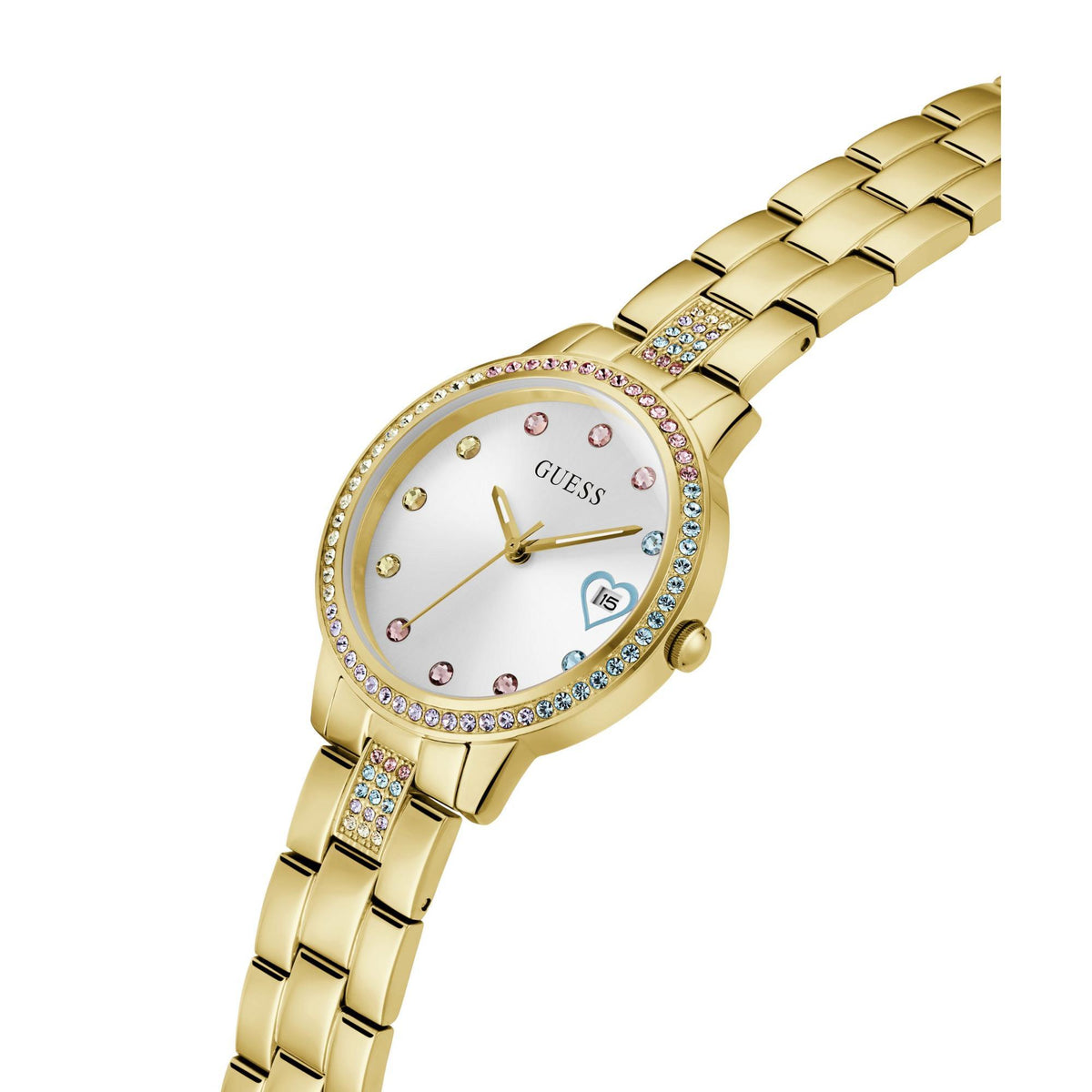 Gold tone ladies watch on metal bracelet, white dial with crystal bezel and date window.