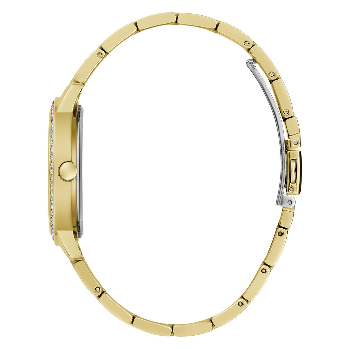 Gold tone ladies watch case with crystal accents and links, shown from the side profile.