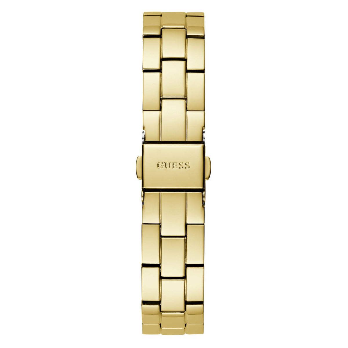 Gold tone ladies stainless steel watch with centered GUESS clasp on the metal bracelet.
