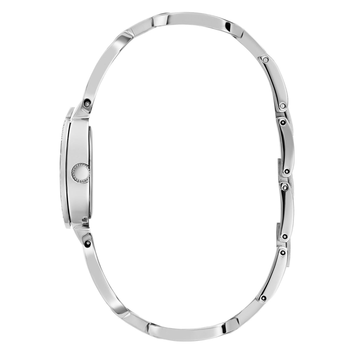 Silver metal link bracelet watch with clasp and round side detail