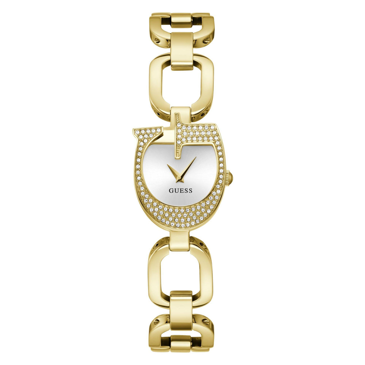 Gold tone ladies analog watch with silver dial, crystal bezel, link bracelet and curved case