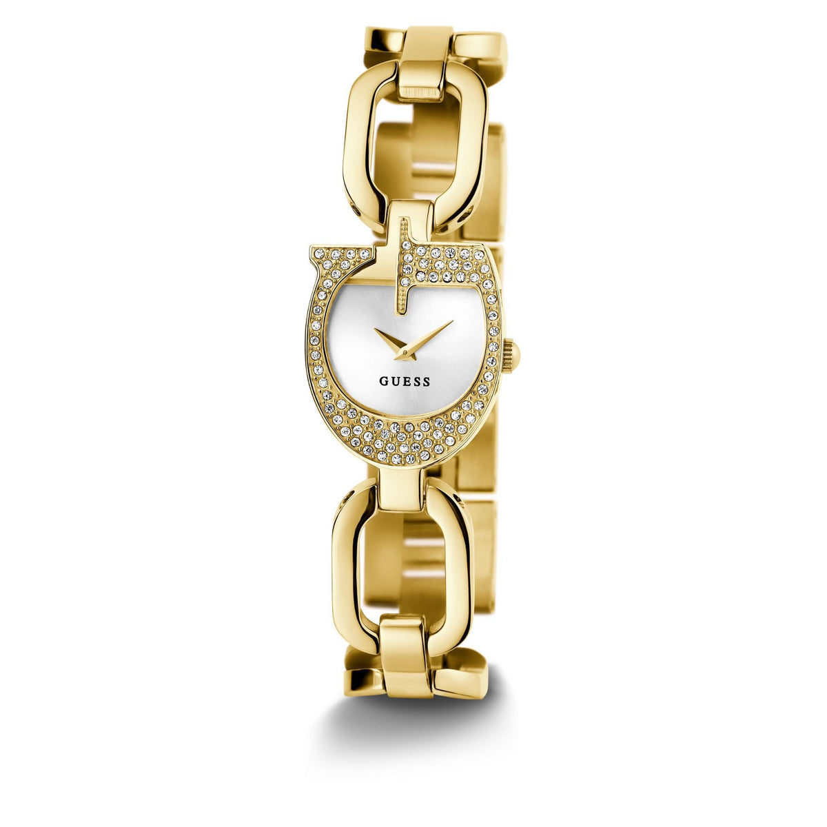 Gold tone ladies analog watch with silver dial and crystal bezel, chain-link bracelet front view