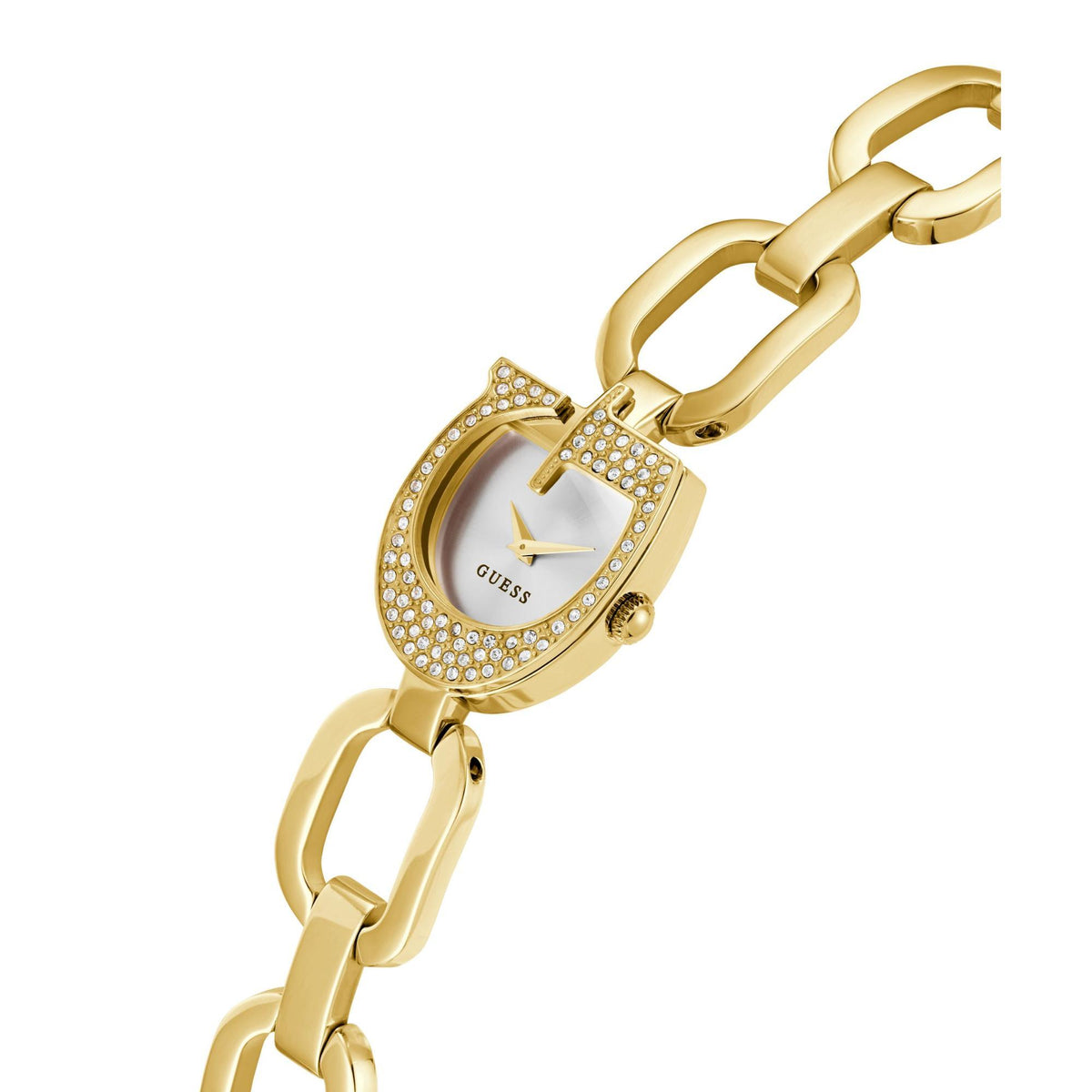 Gold tone analog watch with silver dial and crystal set bezel, link bracelet close-up