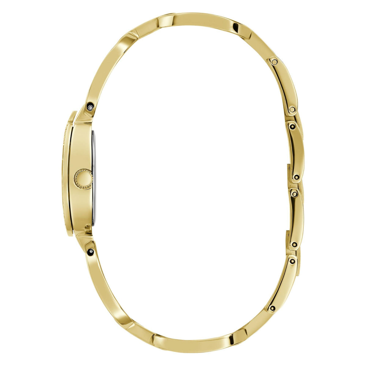 Gold tone watch side profile with link bracelet and round dial detail, polished metal