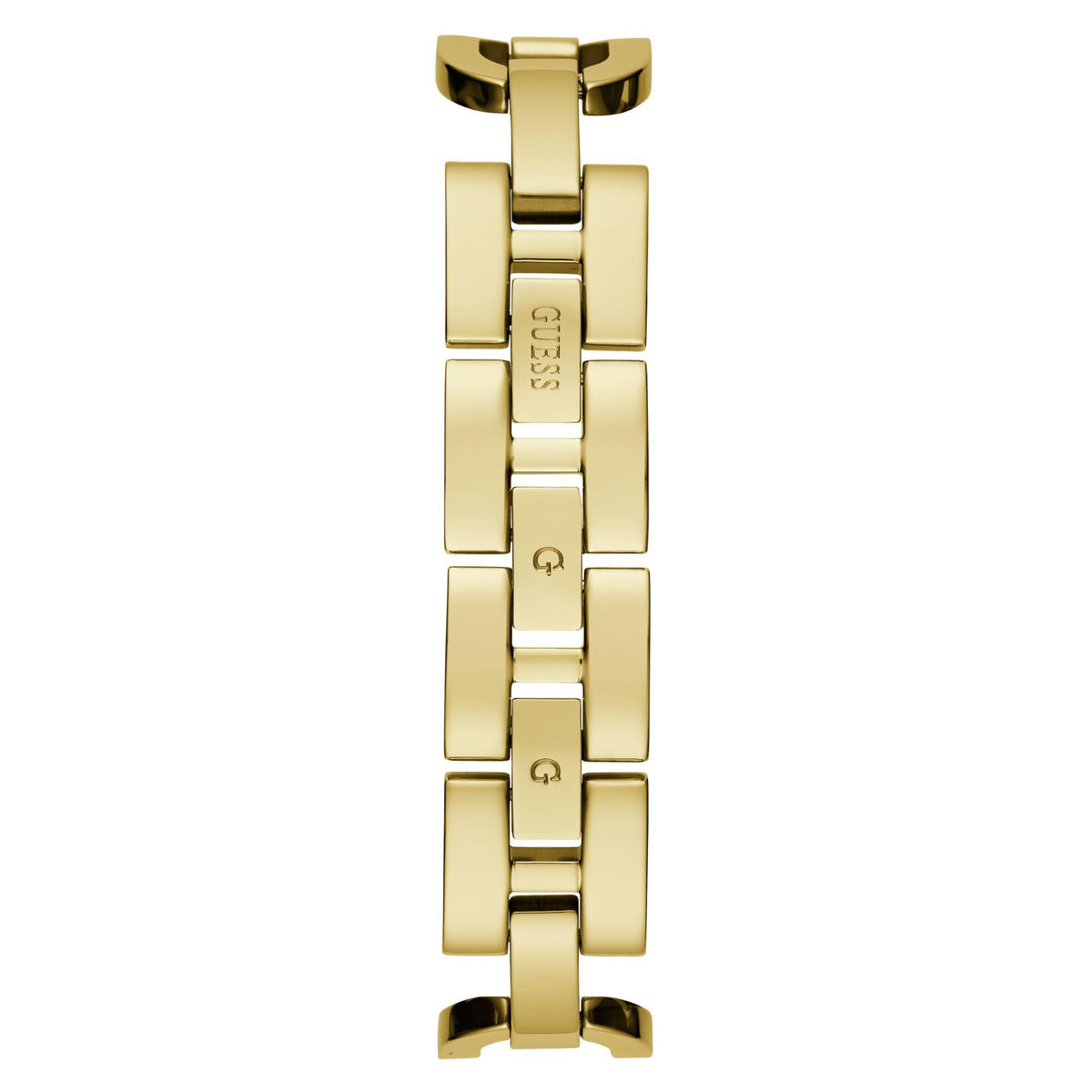 Gold tone watch clasp and link bracelet underside view, polished metal with small markings
