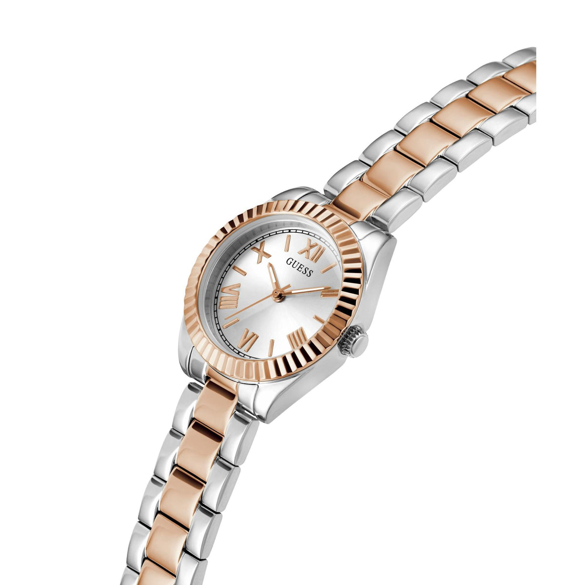 Two-tone ladies analog watch with silver dial and rose-gold hour markers on steel bracelet