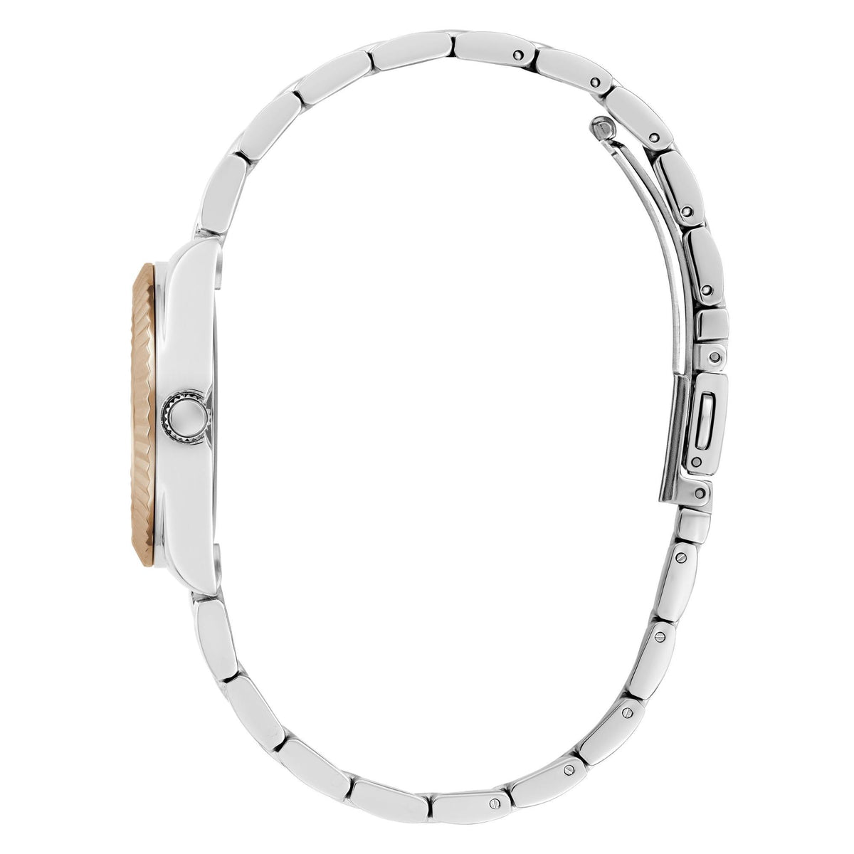 Two-tone watch case side with rose-gold accent, silver steel link bracelet