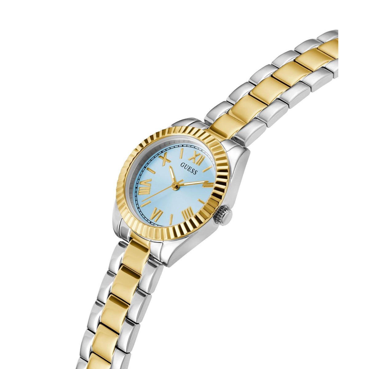 Two-tone metal watch with blue dial and gold bezel accents on a linked steel bracelet