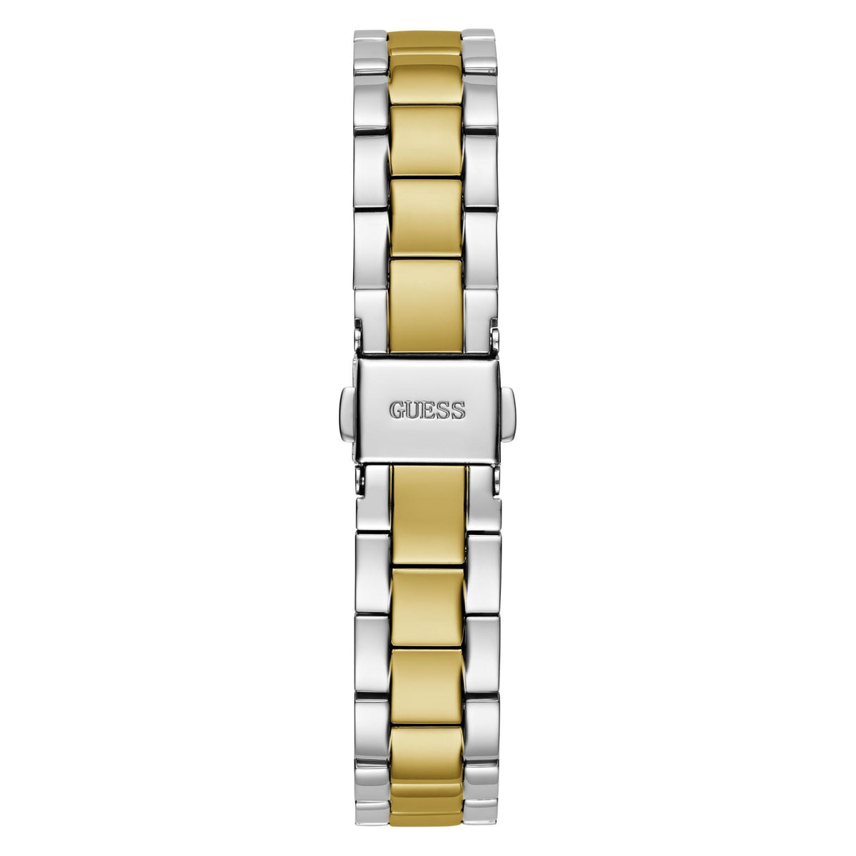 Two-tone watch bracelet with gold center links and steel case back with branding