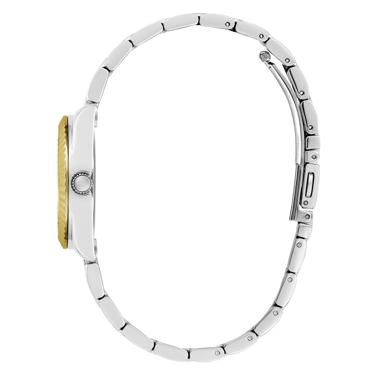 Two-tone watch case side with linked steel band and small gold accent panel