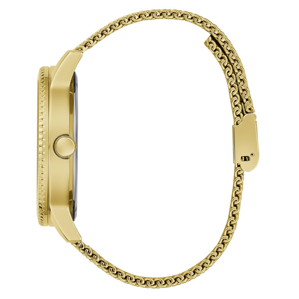 Gold-tone men's watch side view with round case, crown detail, and mesh link bracelet
