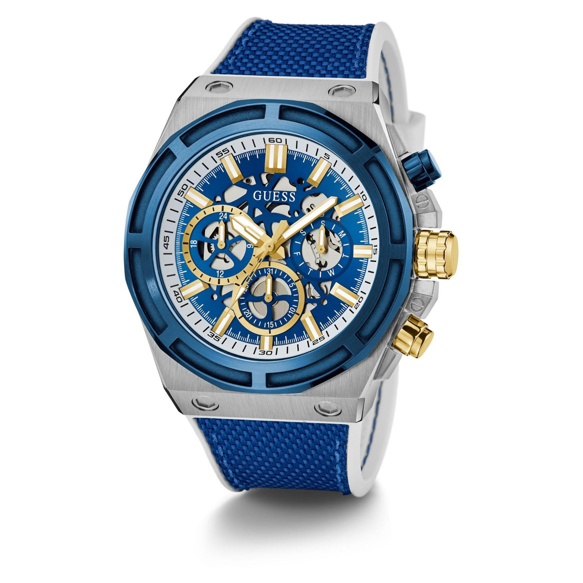 Men's multi-function chronograph watch with blue dial and blue silicone strap