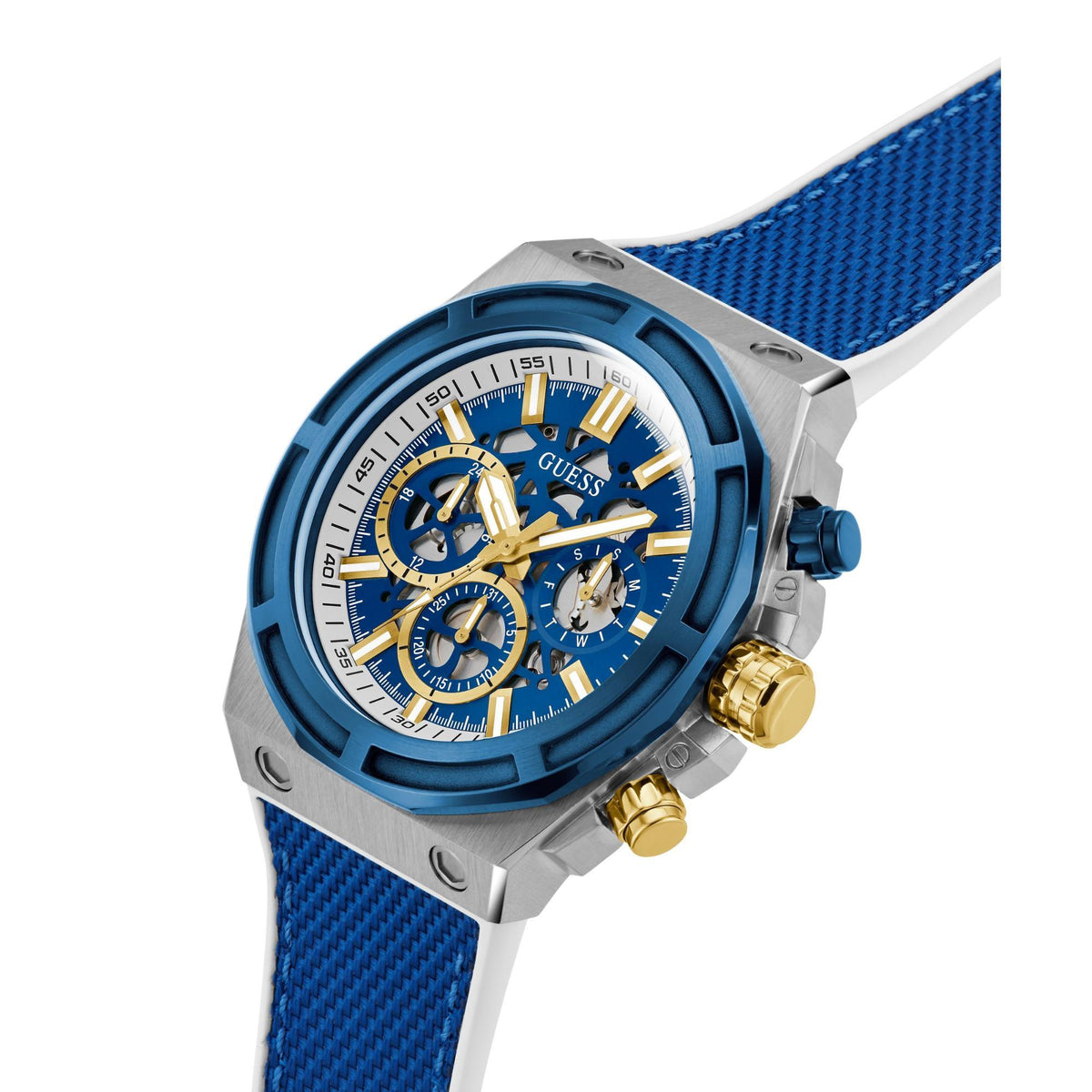 Men's chronograph watch front view with blue dial, blue strap, gold crown accents