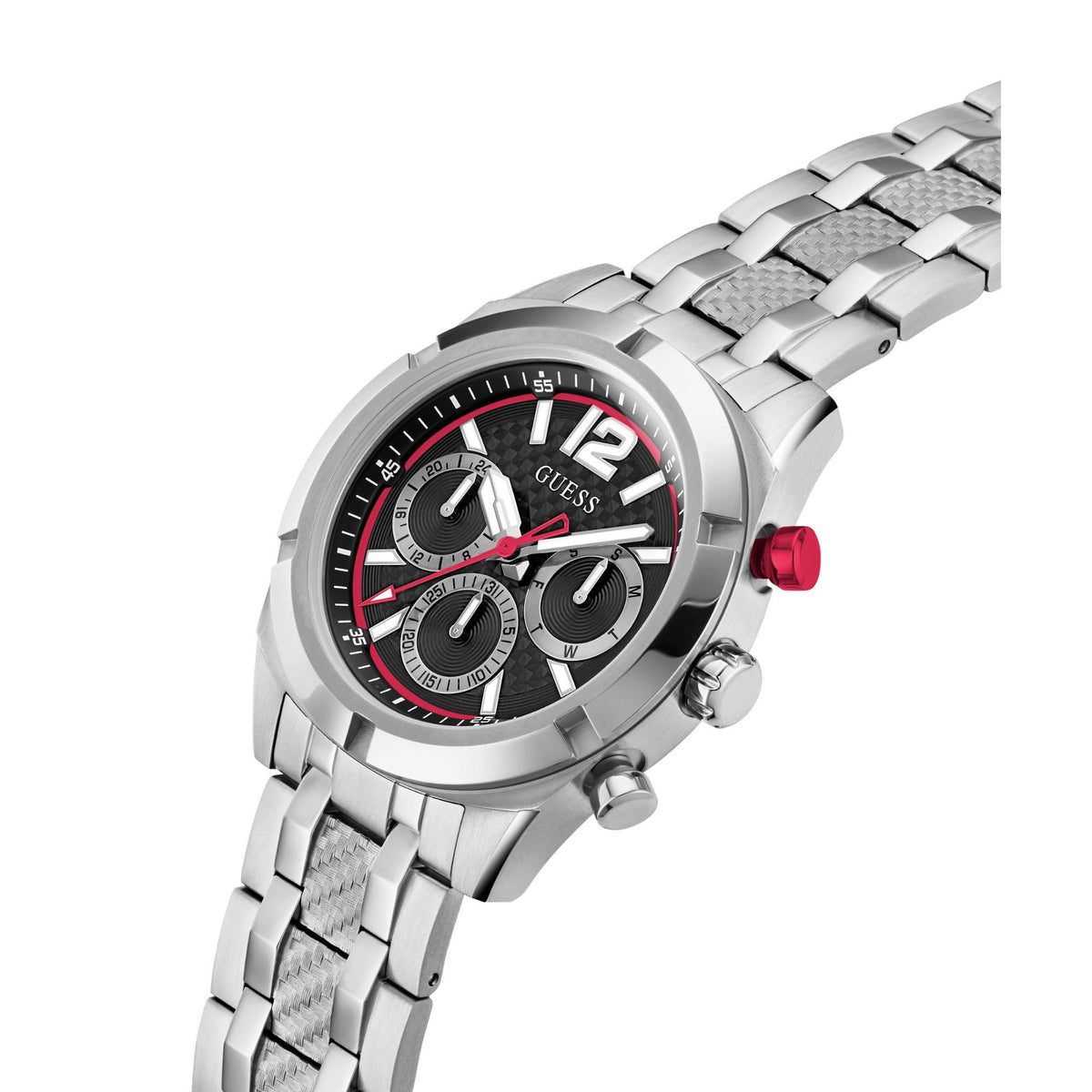 Men's silver steel wristwatch with black dial, red markers, and three round subdials