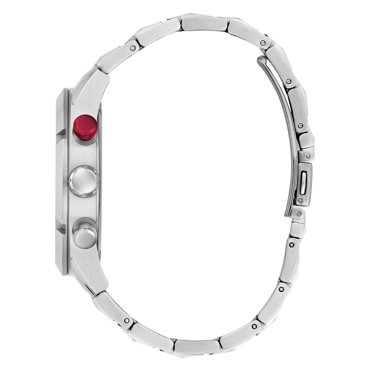 Men's silver steel watch caseback with red crown and button accents