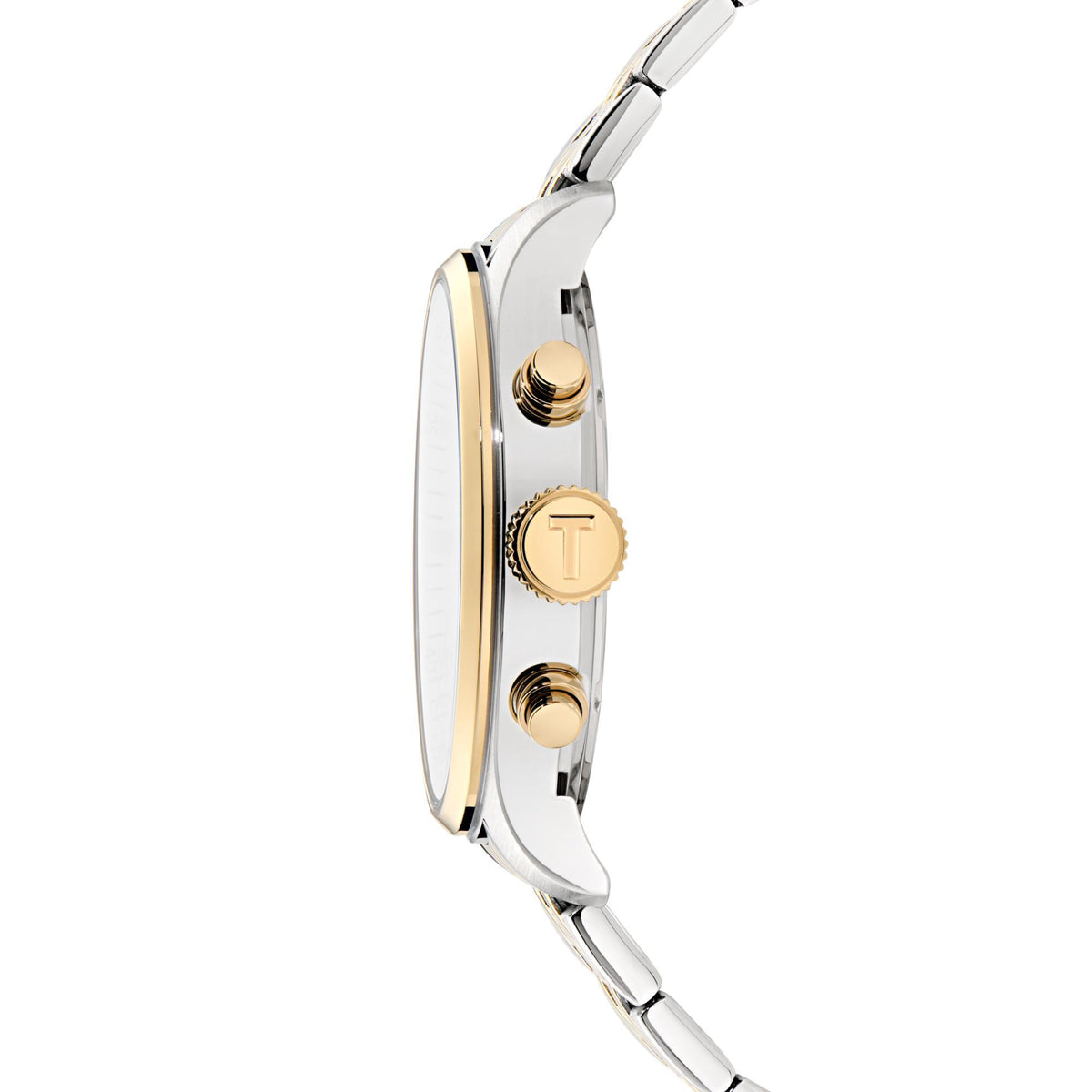 Silver-and-gold men's watch case and crown with gold accents on the side