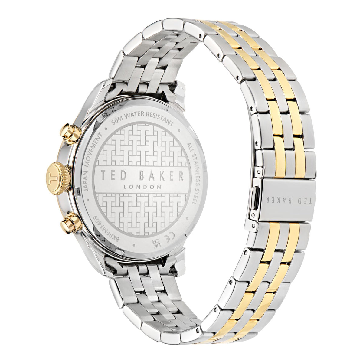 Two-tone watch back view with engraved markings and link bracelet in silver and gold