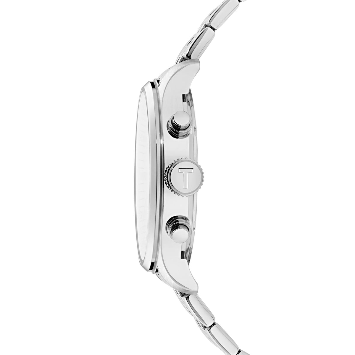 Stainless steel watch case side with crown and pushers, polished finish