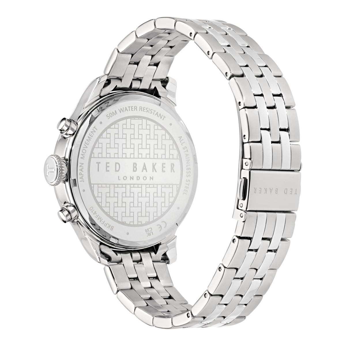 Stainless steel watch back with engraved branding and link bracelet