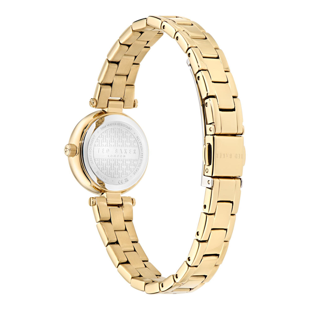 Gold-tone ladies wristwatch with engraved case back and linked metal bracelet