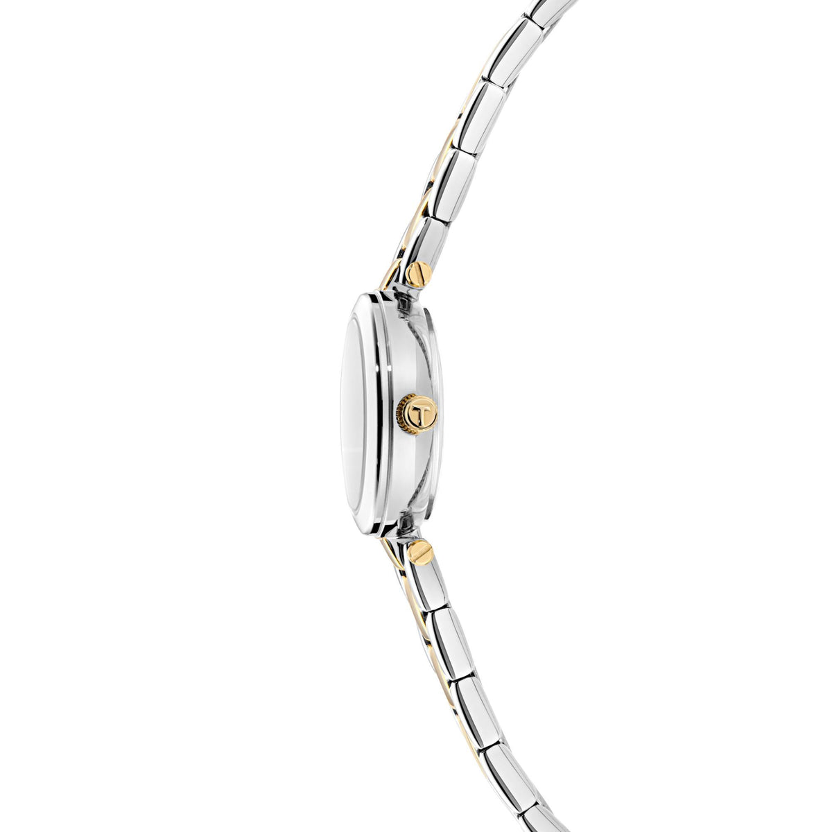 Ladies wristwatch with round silver dial and mixed silver/gold steel bracelet