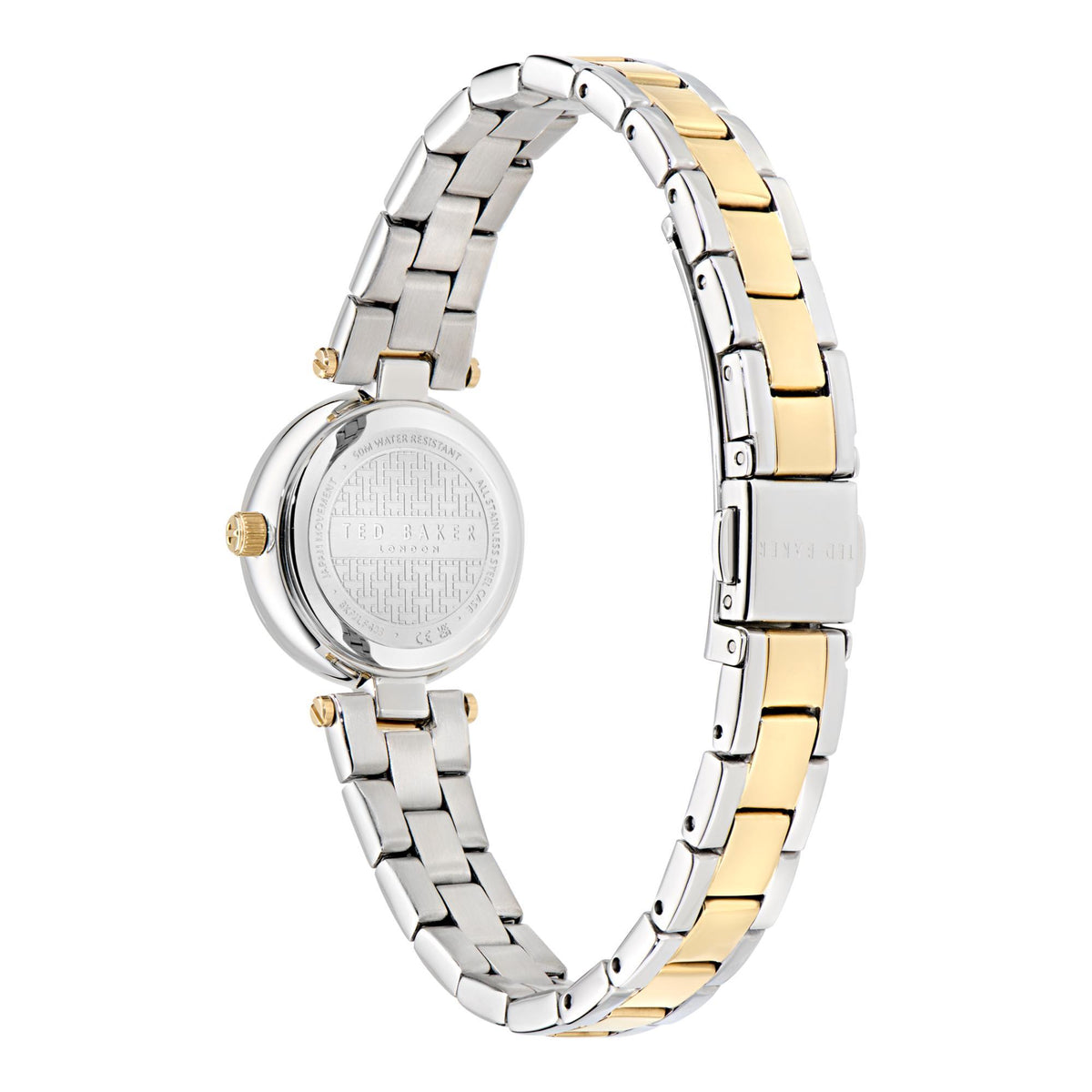 Round ladies watch with silver dial and two-tone steel bracelet, clasp detail