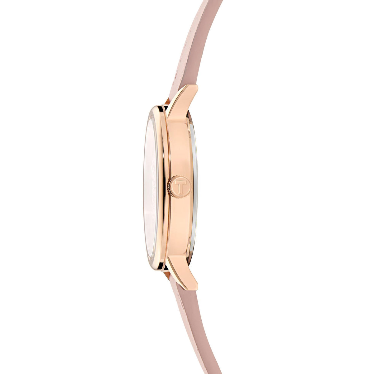 Pink leather strap watch side view with rose-gold tone bezel, Ted Baker